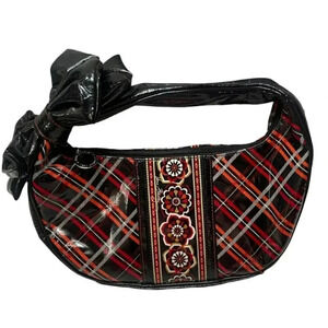Vera Bradley Hobo Bag Small Black Plaid Patent Glossy Oversized Bow Detail